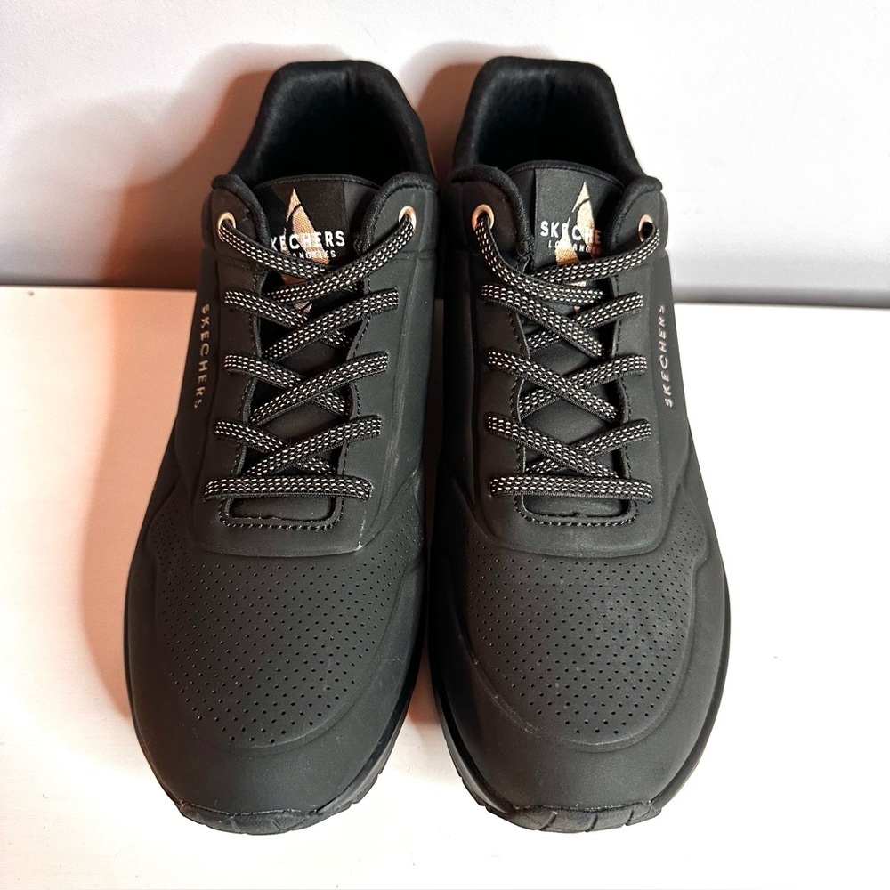 Skechers - Women’s Sneakers, Uno Metallic, Shimmer Away, Black & Rose Gold, 9.5